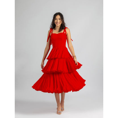 Torsha Strappy Red Ruffle Corset Tiered Midi Dress