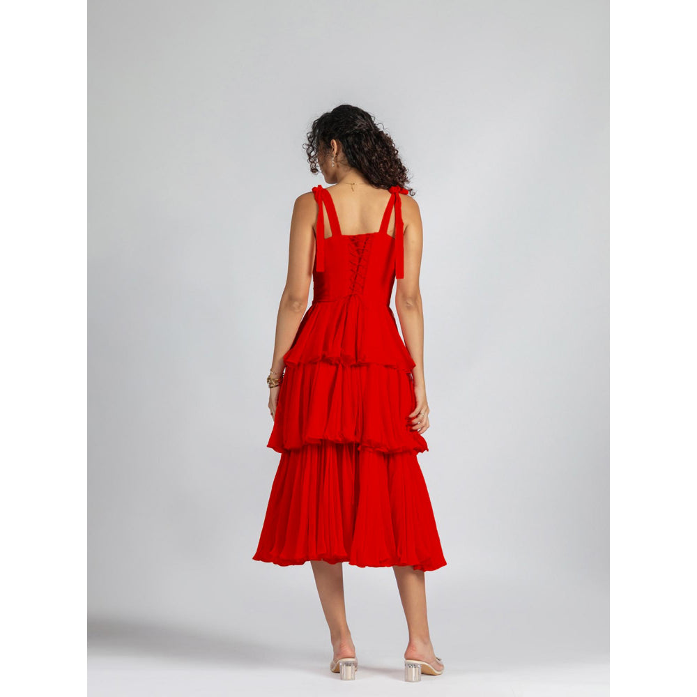 Torsha Strappy Red Ruffle Corset Tiered Midi Dress