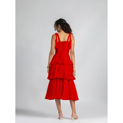 Torsha Strappy Red Ruffle Corset Tiered Midi Dress