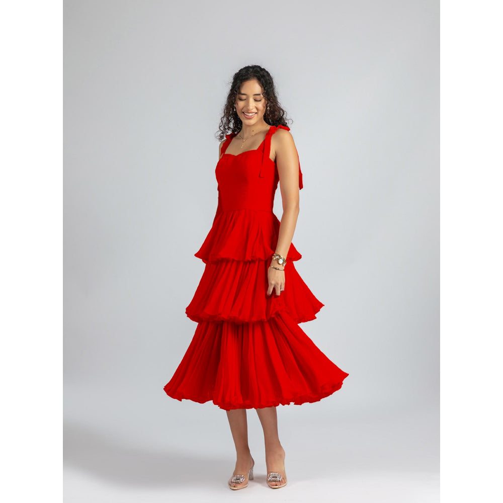 Torsha Strappy Red Ruffle Corset Tiered Midi Dress