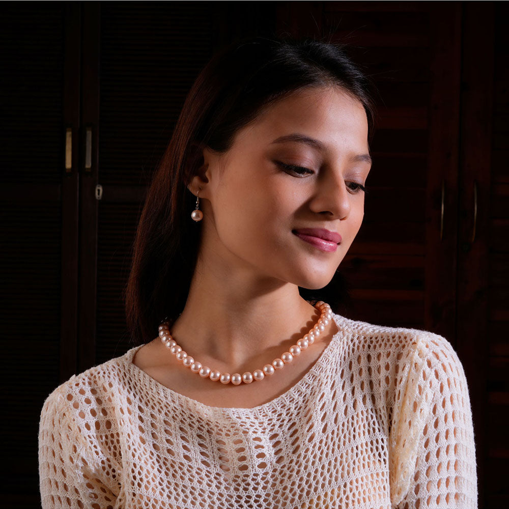 TOTAPARI Peach And Pink Pearl Necklace with Earrings