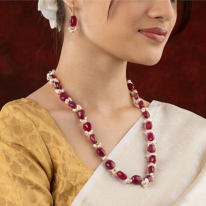 TOTAPARI Tasselled Pearl And Ruby Red Necklace with Earrings