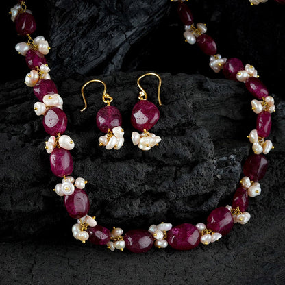 TOTAPARI Tasselled Pearl And Ruby Red Necklace with Earrings