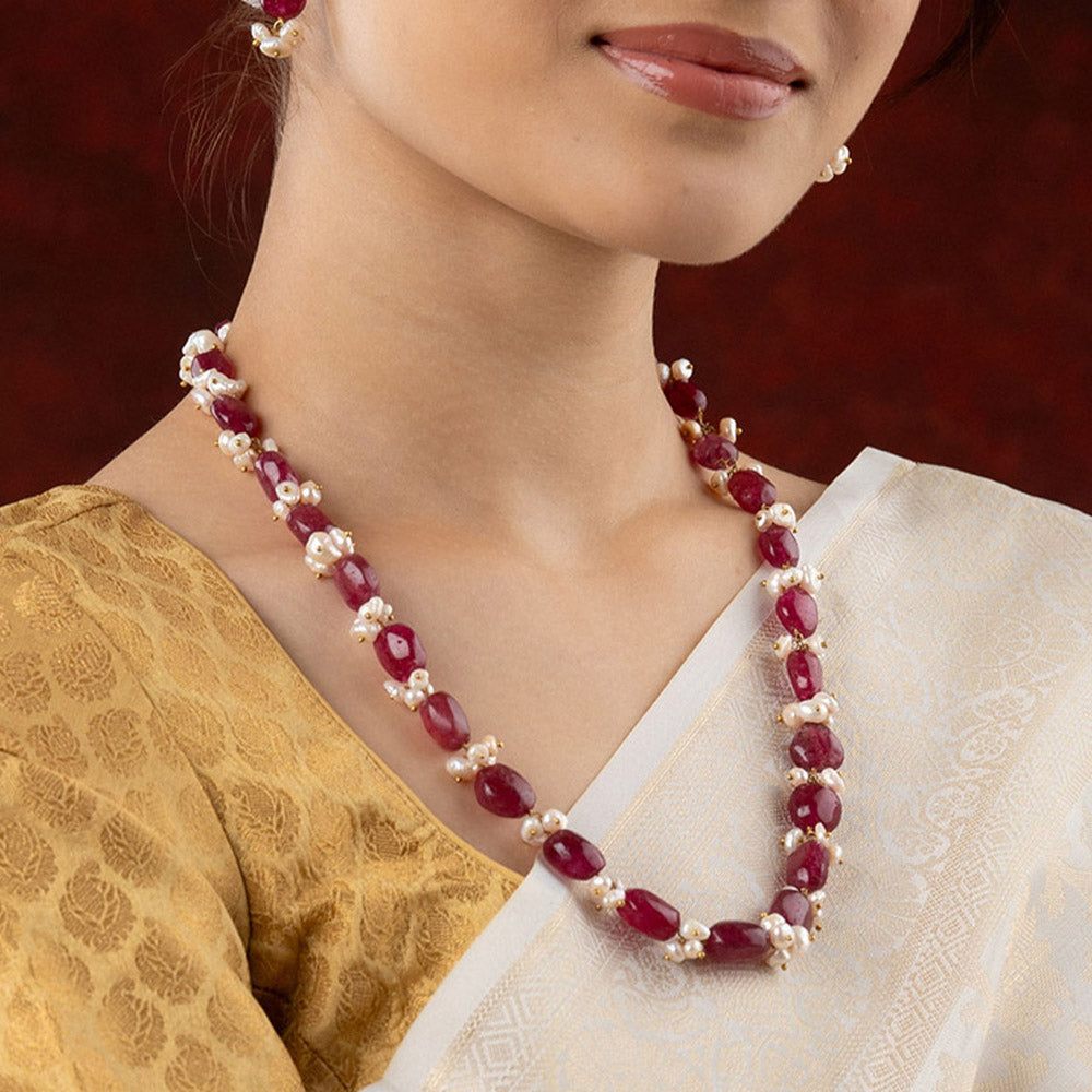 TOTAPARI Tasselled Pearl And Ruby Red Necklace with Earrings
