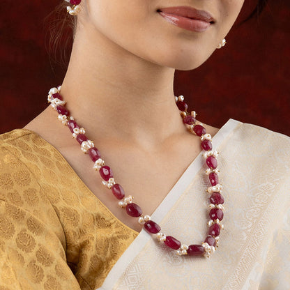 TOTAPARI Tasselled Pearl And Ruby Red Necklace with Earrings