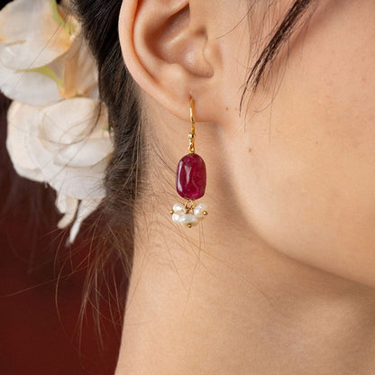 TOTAPARI Tasselled Pearl And Ruby Red Necklace with Earrings