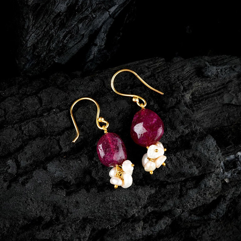 TOTAPARI Tasselled Pearl And Ruby Red Necklace with Earrings