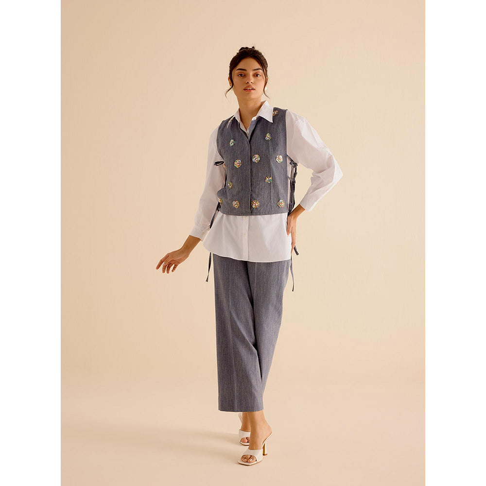 TRISARA Grey Poppy Cascade Shirt with Pant and Crop Jacket (Set of 3)