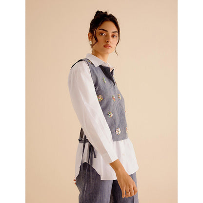 TRISARA Grey Poppy Cascade Shirt with Pant and Crop Jacket (Set of 3)