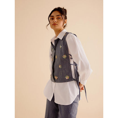 TRISARA Grey Poppy Cascade Shirt with Pant and Crop Jacket (Set of 3)