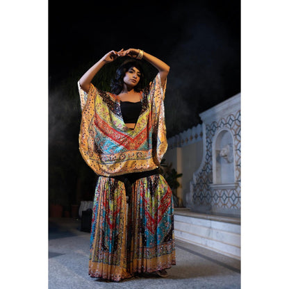 Tussya by Shreya Shylaa Multi-Color Bustier with Kaftan and Sharara (Set of 3)