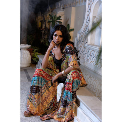 Tussya by Shreya Shylaa Multi-Color Bustier with Kaftan and Sharara (Set of 3)