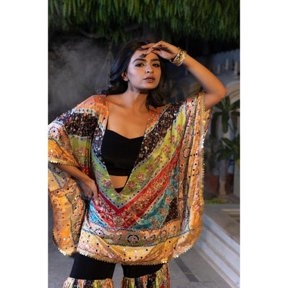 Tussya by Shreya Shylaa Multi-Color Bustier with Kaftan and Sharara (Set of 3)