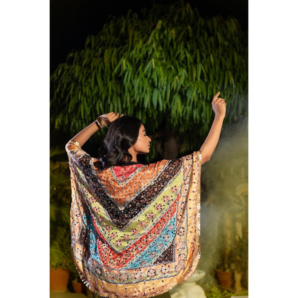 Tussya by Shreya Shylaa Multi-Color Bustier with Kaftan and Sharara (Set of 3)