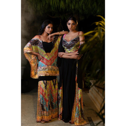 Tussya by Shreya Shylaa Multi-Color Bustier with Kaftan and Sharara (Set of 3)