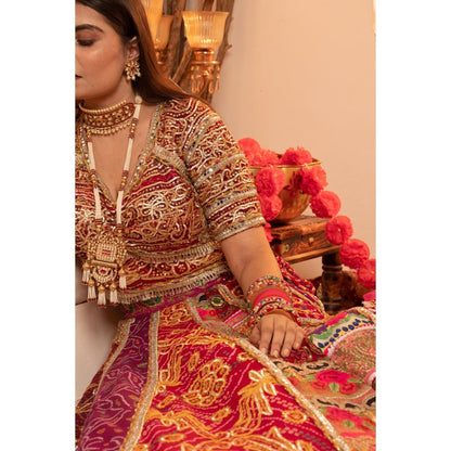 Tussya by Shreya Regal Multi-Color Orchid Bandhani Lehenga with Blouse and Dupatta (Set of 3)