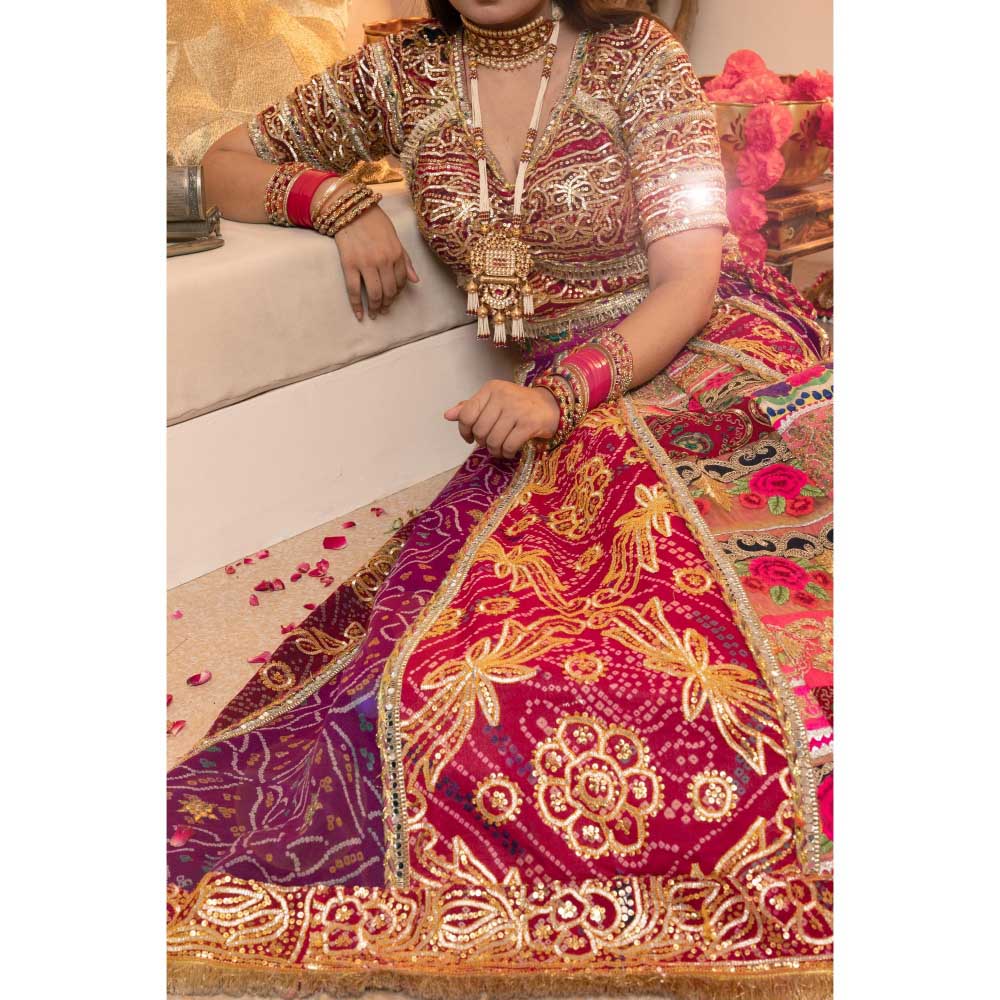 Tussya by Shreya Regal Multi-Color Orchid Bandhani Lehenga with Blouse and Dupatta (Set of 3)