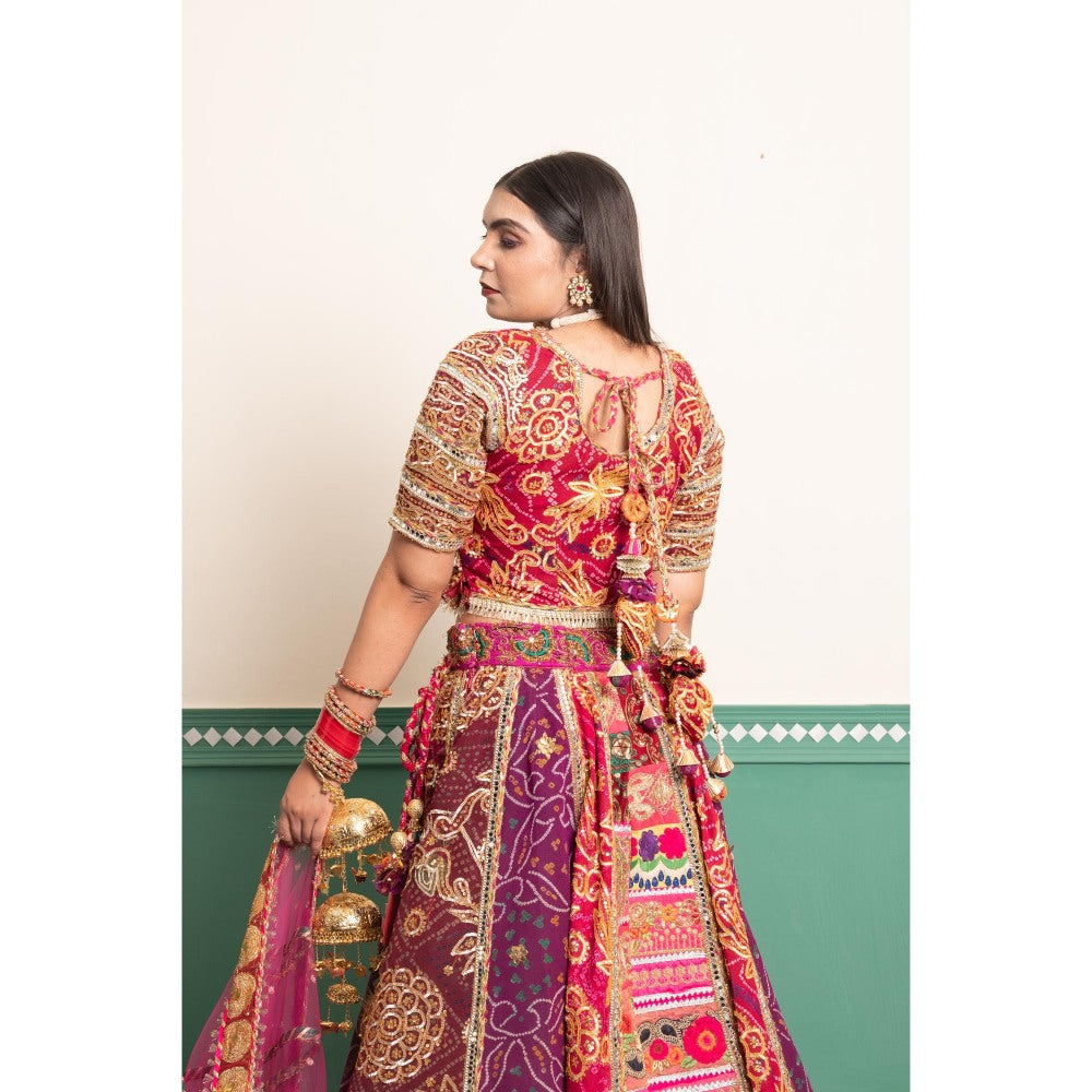 Tussya by Shreya Regal Multi-Color Orchid Bandhani Lehenga with Blouse and Dupatta (Set of 3)