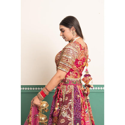 Tussya by Shreya Regal Multi-Color Orchid Bandhani Lehenga with Blouse and Dupatta (Set of 3)