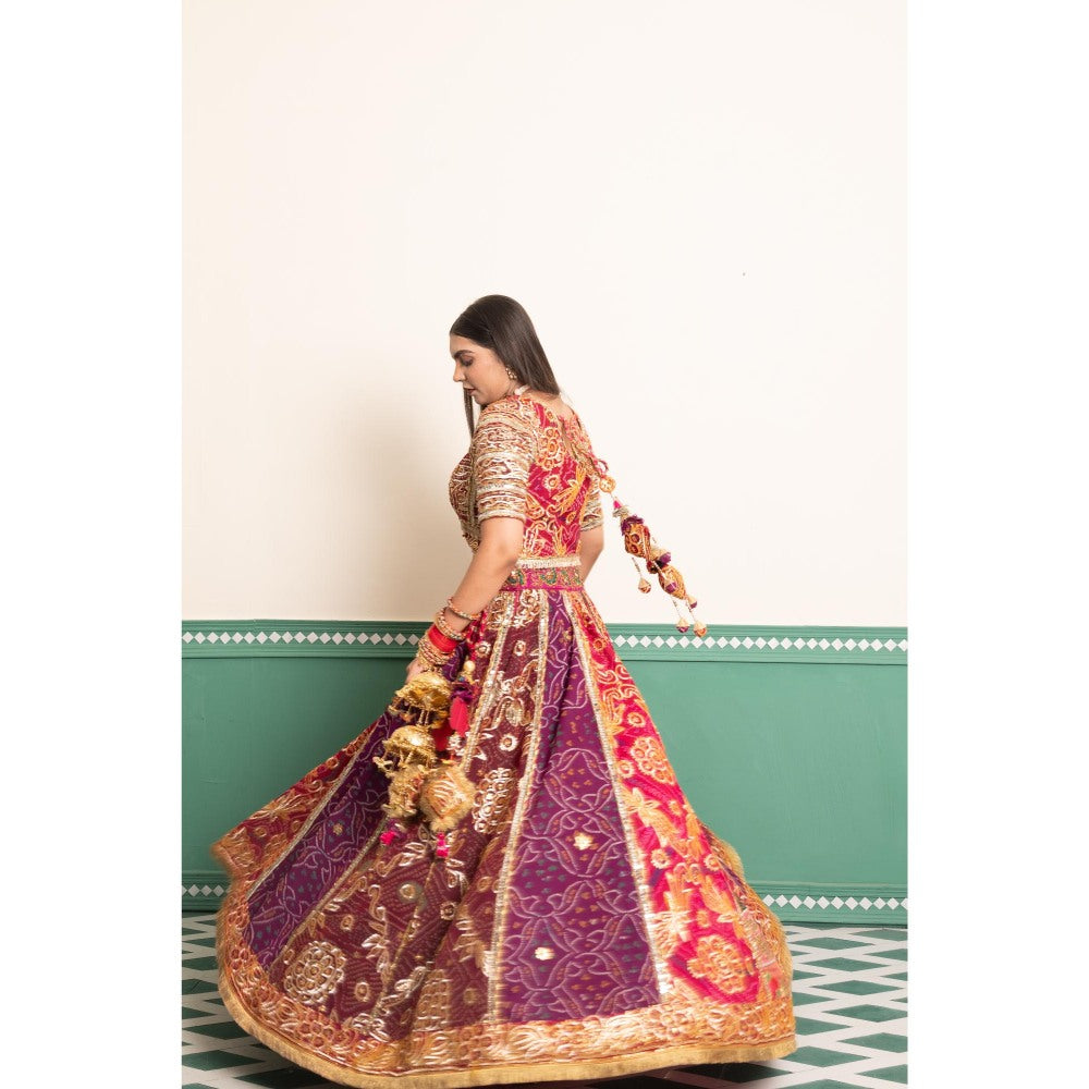 Tussya by Shreya Regal Multi-Color Orchid Bandhani Lehenga with Blouse and Dupatta (Set of 3)