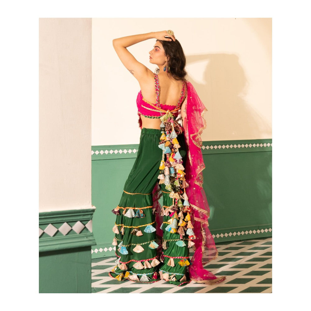 Tussya by Shreya Roohani Multi-Color Crop Top with Sharara and Dupatta (Set of 3)