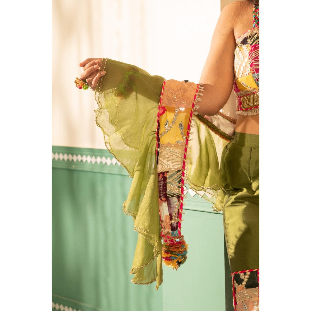 Tussya by Shreya Gotta Multi-Color Kinari Blouse with Sharara and Dupatta (Set of 3)