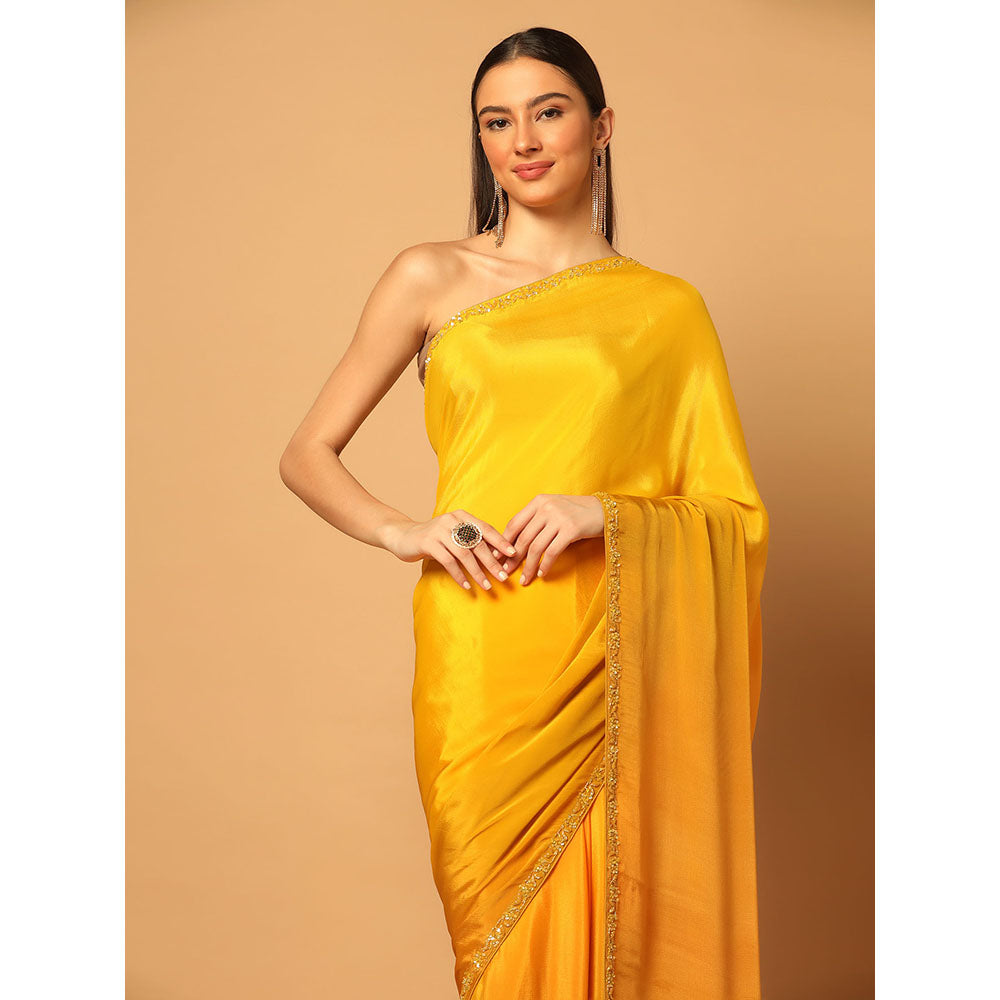 "Two Sisters" by Gyans Yellow Ombre Embroidered Saree With Stitched Blouse