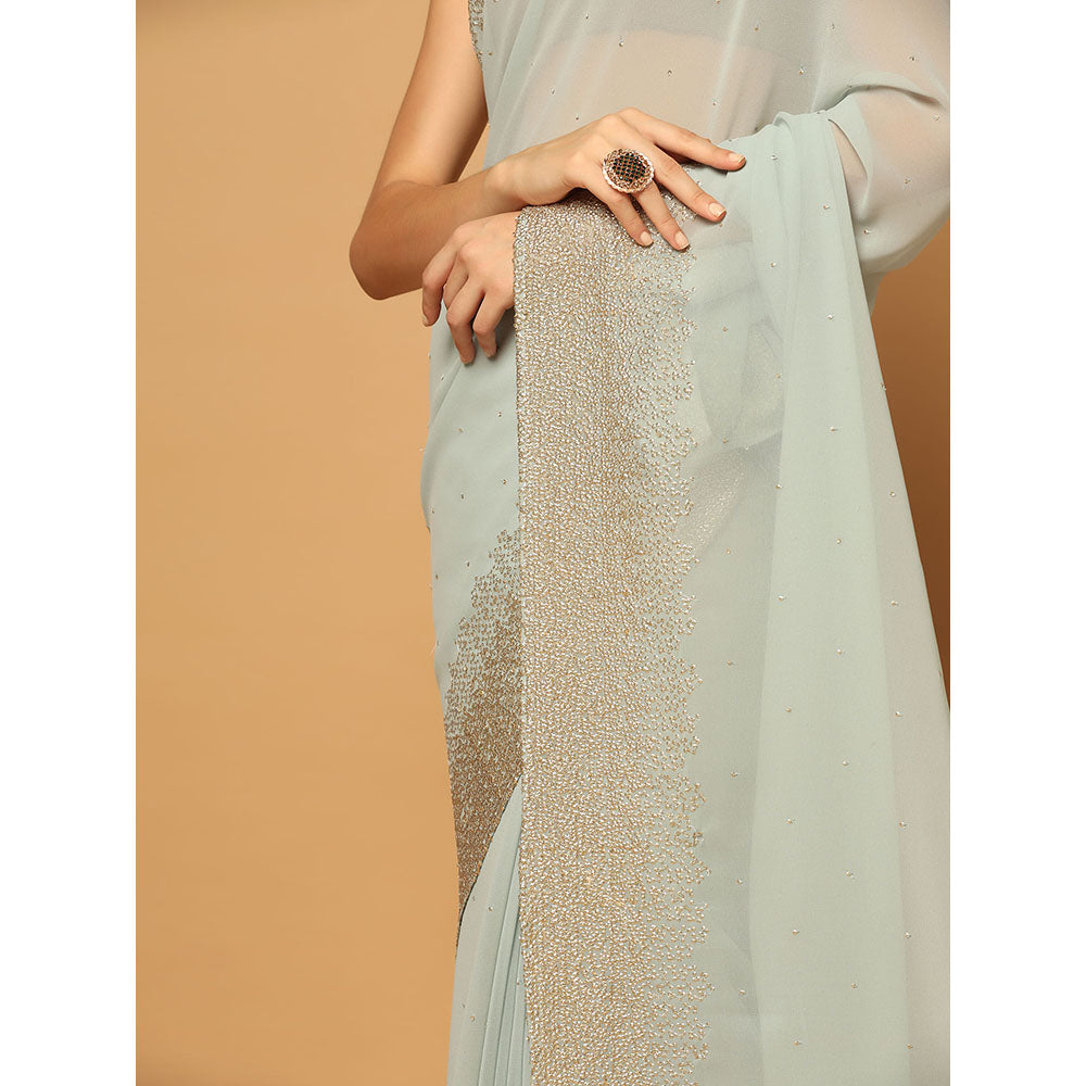 "Two Sisters" by Gyans Powder Blue Hand Embroidered Sequins Work Saree With Stitched Blouse