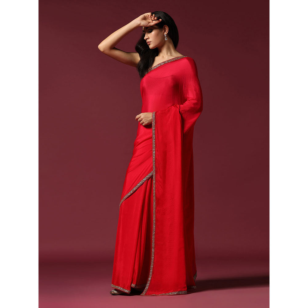 "Two Sisters" by Gyans Eternal Gold Embroidery Red Saree With Stitched Blouse