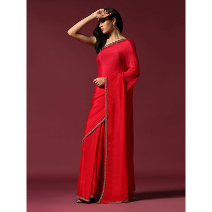 "Two Sisters" by Gyans Eternal Gold Embroidery Red Saree With Stitched Blouse