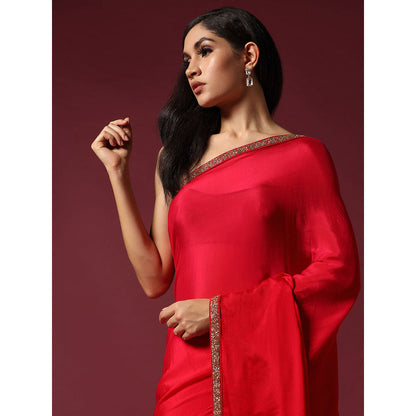 "Two Sisters" by Gyans Eternal Gold Embroidery Red Saree With Stitched Blouse