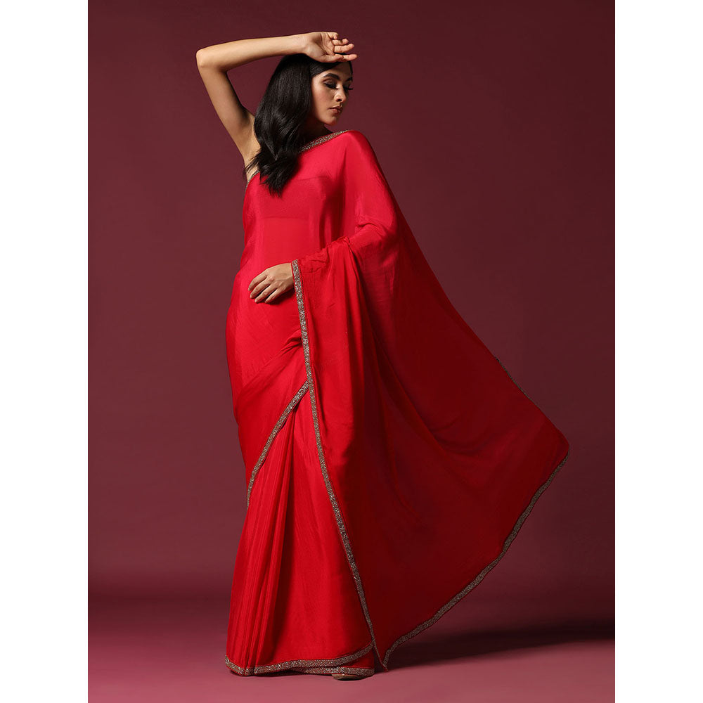 "Two Sisters" by Gyans Eternal Gold Embroidery Red Saree With Stitched Blouse