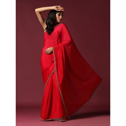 "Two Sisters" by Gyans Eternal Gold Embroidery Red Saree With Stitched Blouse