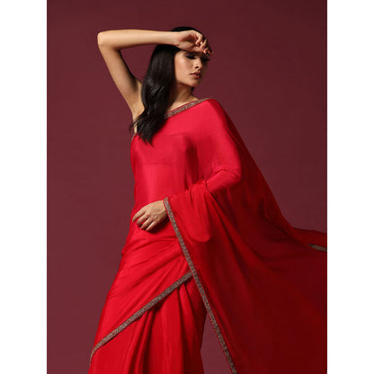 "Two Sisters" by Gyans Eternal Gold Embroidery Red Saree With Stitched Blouse