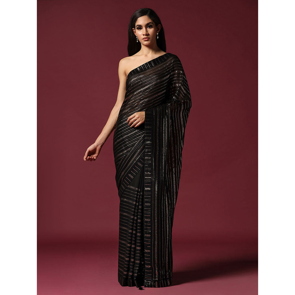 "Two Sisters" by Gyans Georgette Sequins Black Saree With Stitched Blouse