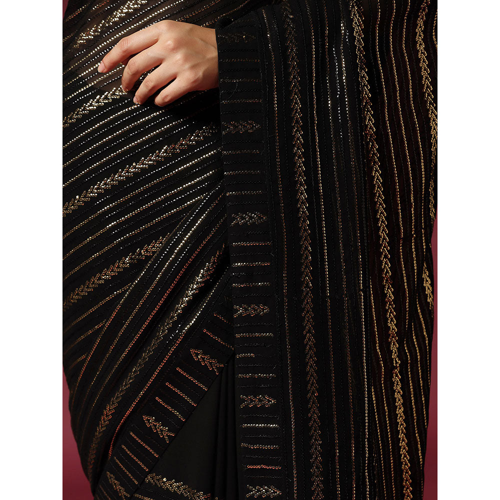 "Two Sisters" by Gyans Georgette Sequins Black Saree With Stitched Blouse