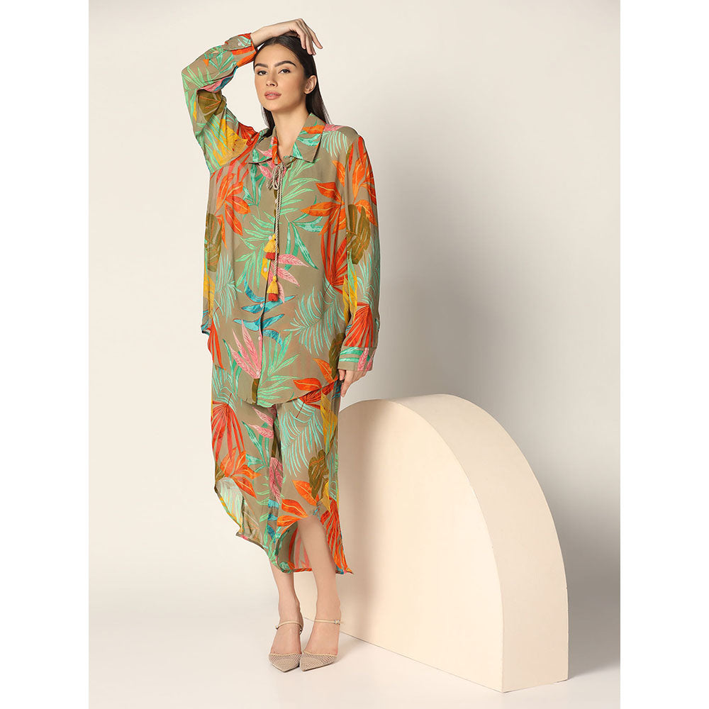 "Two Sisters" by Gyans Olive Green base Multicolored Georgette Co-ord Set (Set of 2)