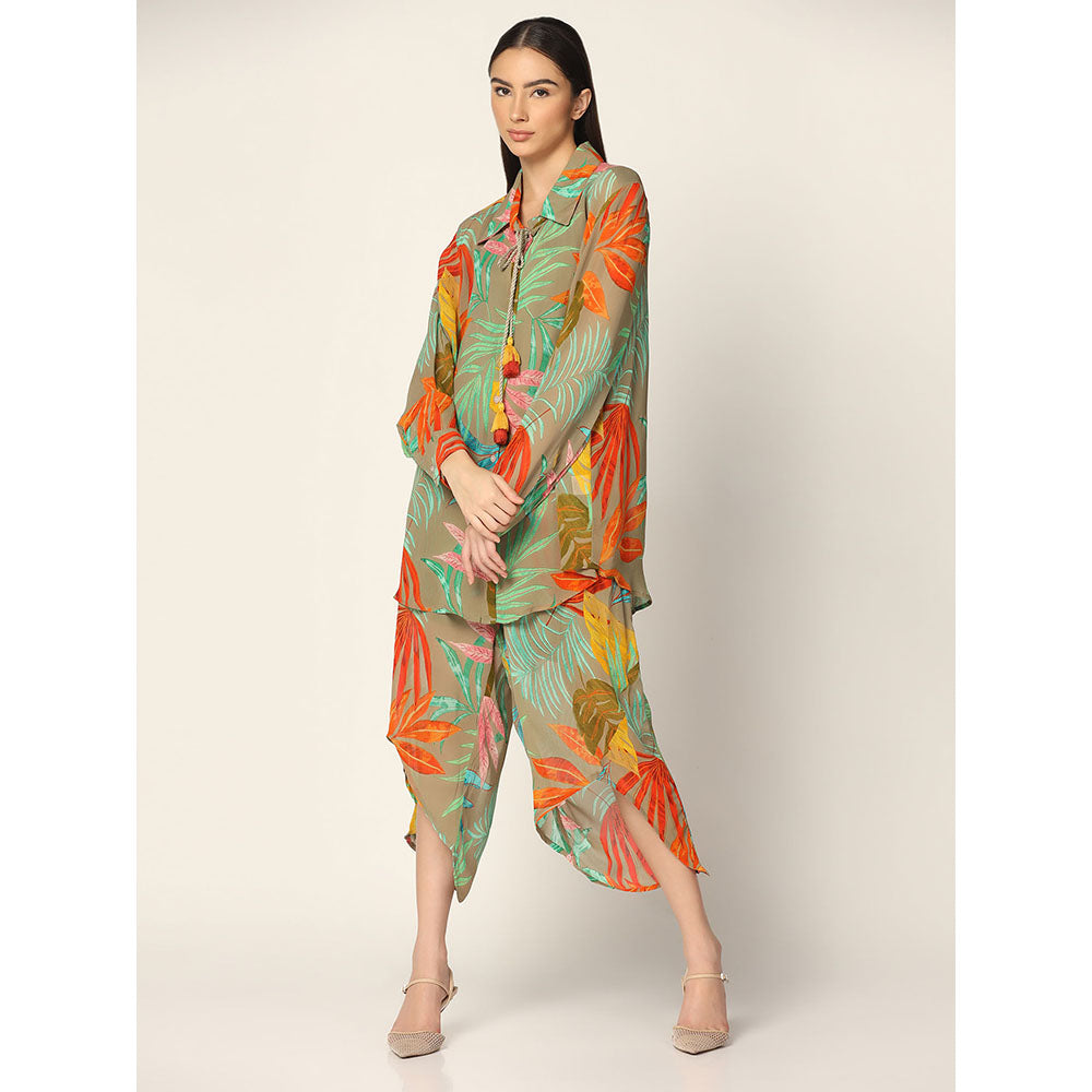 "Two Sisters" by Gyans Olive Green base Multicolored Georgette Co-ord Set (Set of 2)