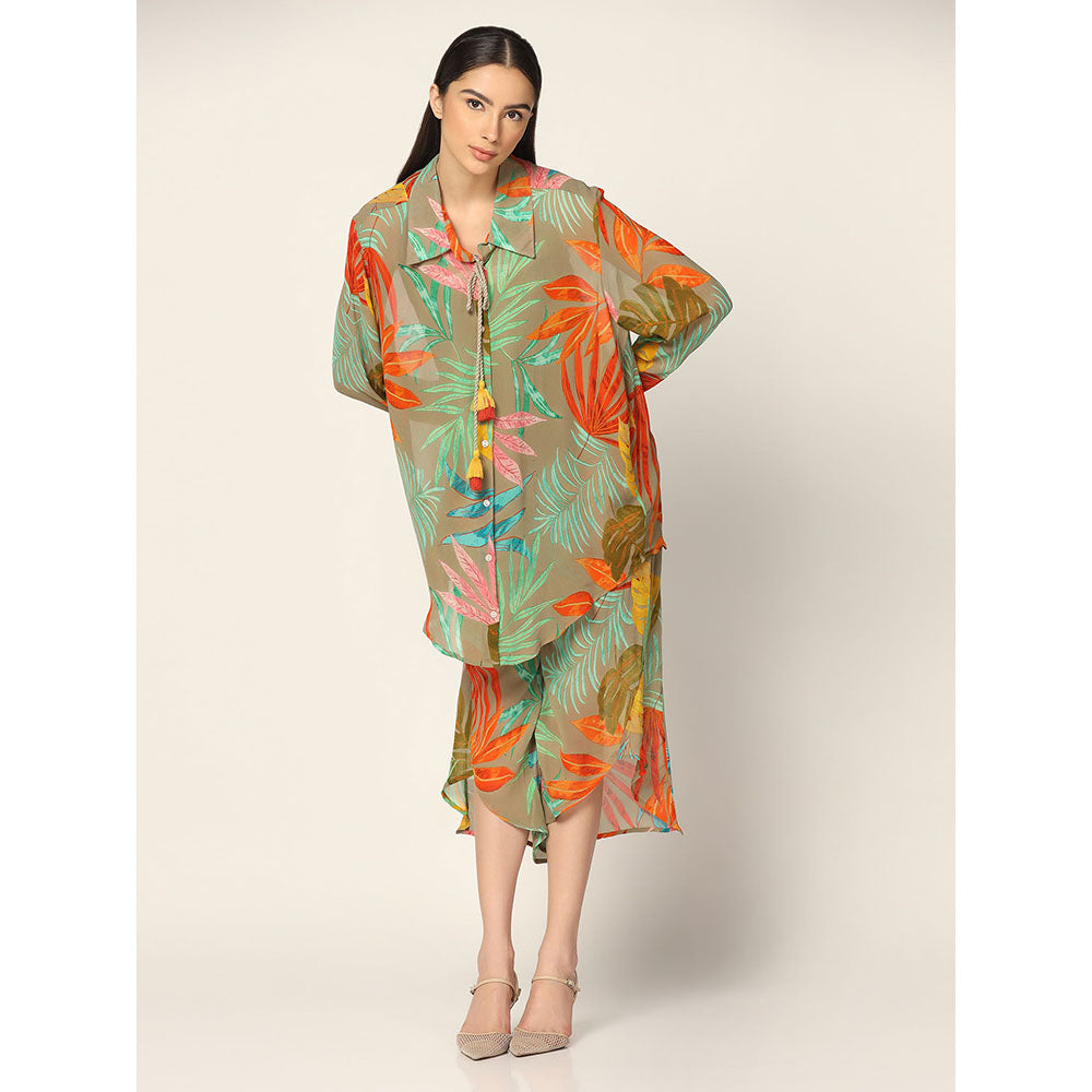 "Two Sisters" by Gyans Olive Green base Multicolored Georgette Co-ord Set (Set of 2)