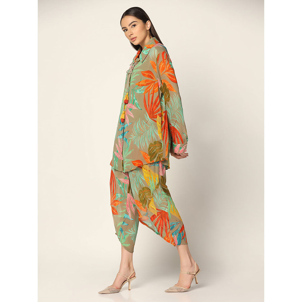 "Two Sisters" by Gyans Olive Green base Multicolored Georgette Co-ord Set (Set of 2)