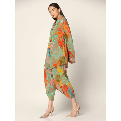 "Two Sisters" by Gyans Olive Green base Multicolored Georgette Co-ord Set (Set of 2)