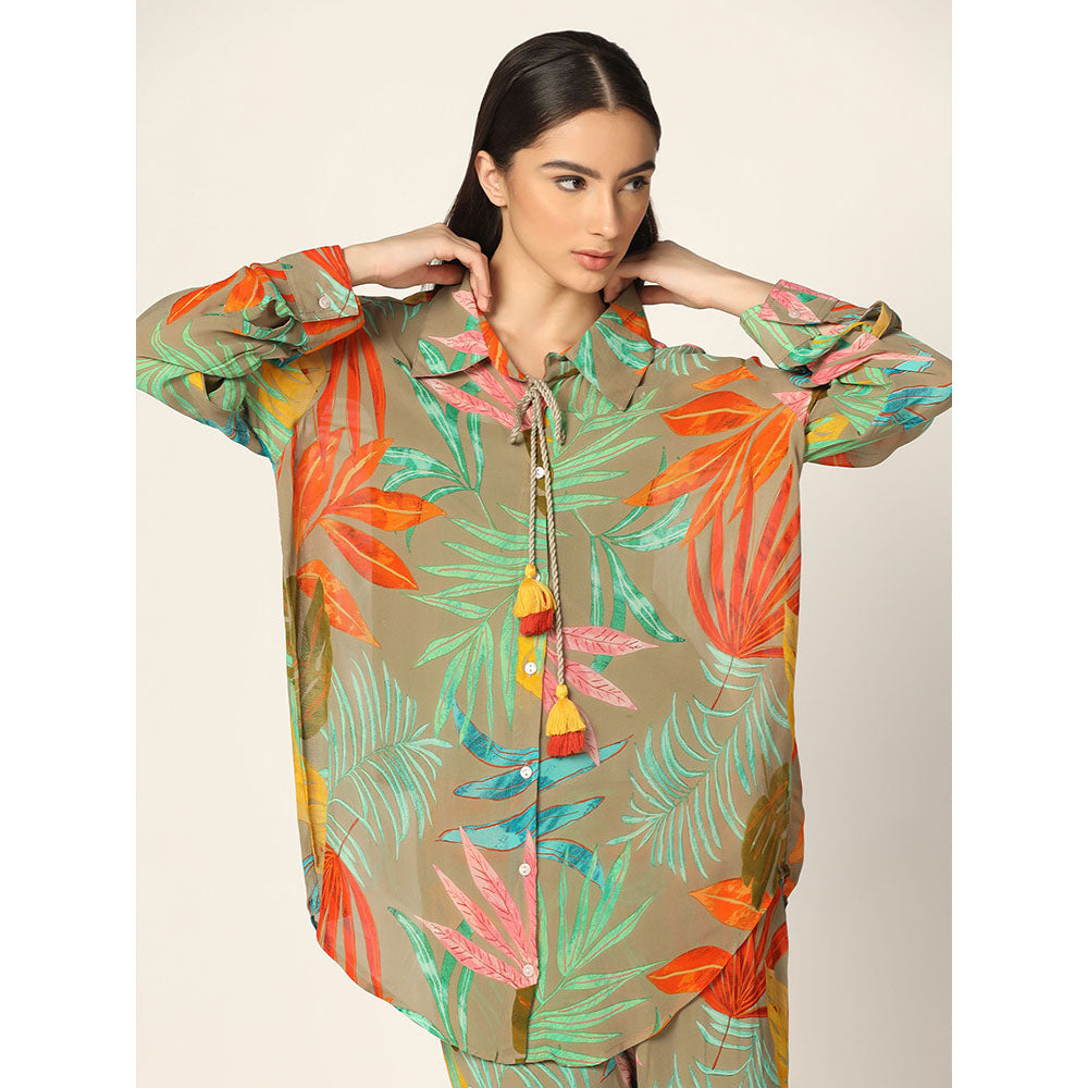 "Two Sisters" by Gyans Olive Green base Multicolored Georgette Co-ord Set (Set of 2)