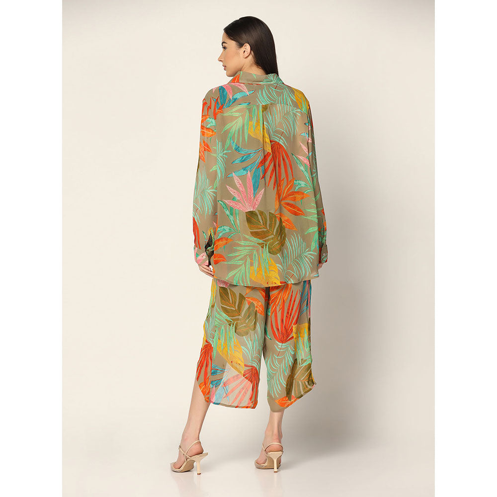 "Two Sisters" by Gyans Olive Green base Multicolored Georgette Co-ord Set (Set of 2)