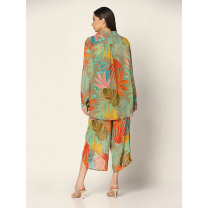 "Two Sisters" by Gyans Olive Green base Multicolored Georgette Co-ord Set (Set of 2)