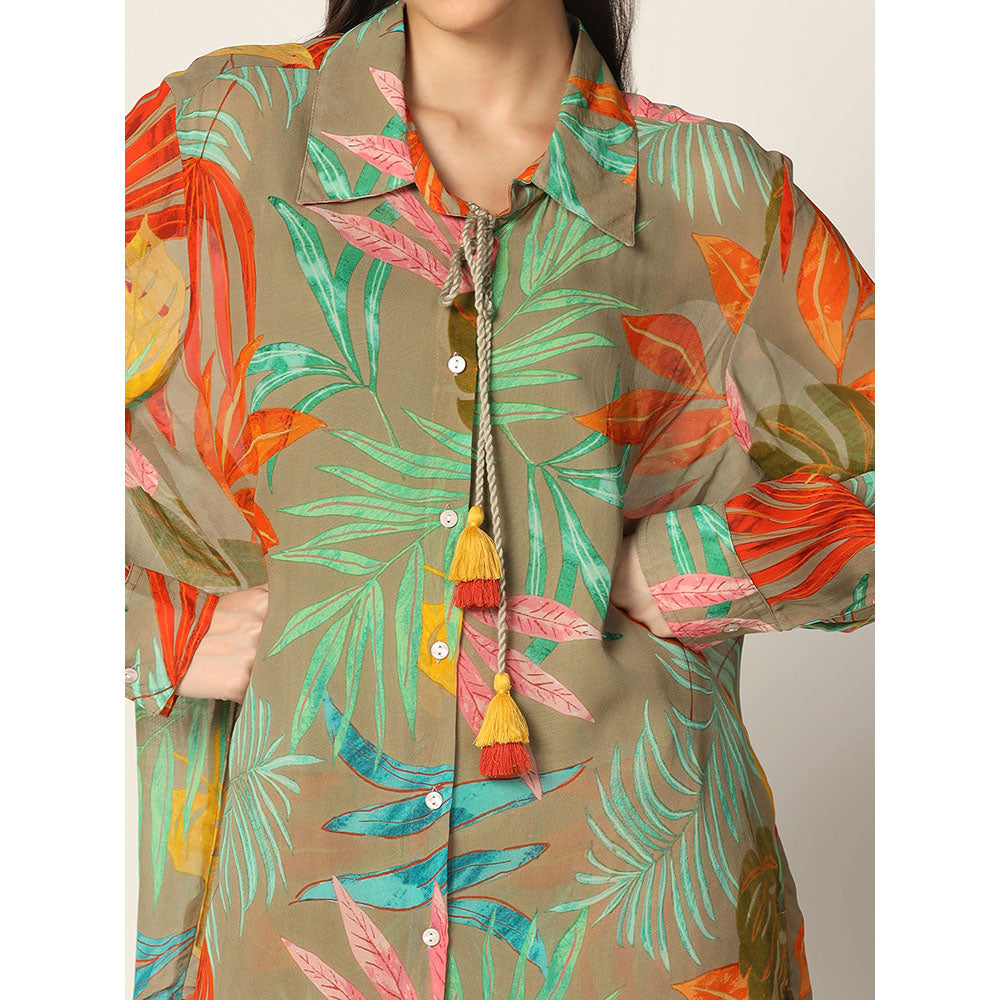 "Two Sisters" by Gyans Olive Green base Multicolored Georgette Co-ord Set (Set of 2)