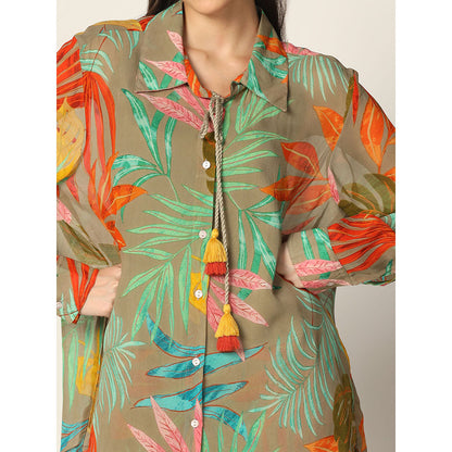 "Two Sisters" by Gyans Olive Green base Multicolored Georgette Co-ord Set (Set of 2)