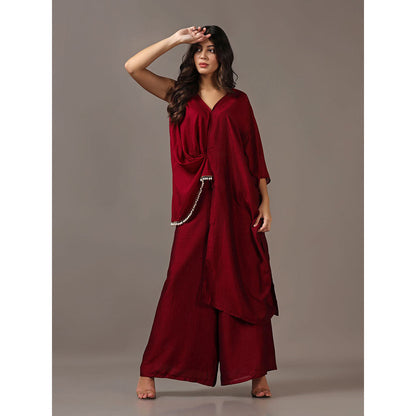 "Two Sisters" by Gyans Maroon Asymmetrical Top with Flared Pants (Set of 2)