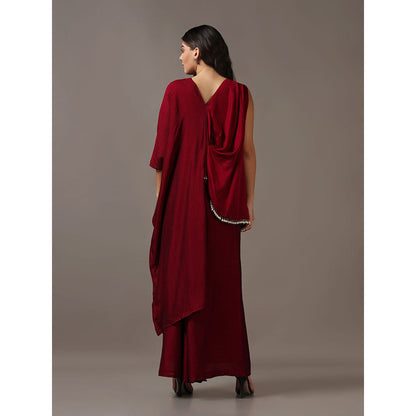 "Two Sisters" by Gyans Maroon Asymmetrical Top with Flared Pants (Set of 2)