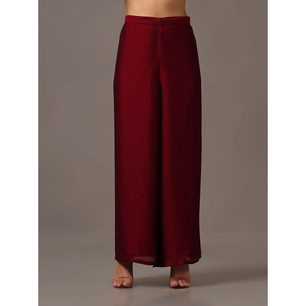 "Two Sisters" by Gyans Maroon Asymmetrical Top with Flared Pants (Set of 2)