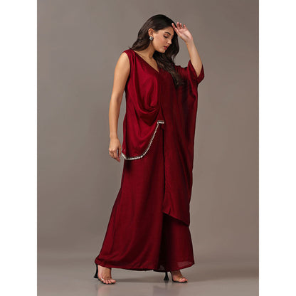 "Two Sisters" by Gyans Maroon Asymmetrical Top with Flared Pants (Set of 2)